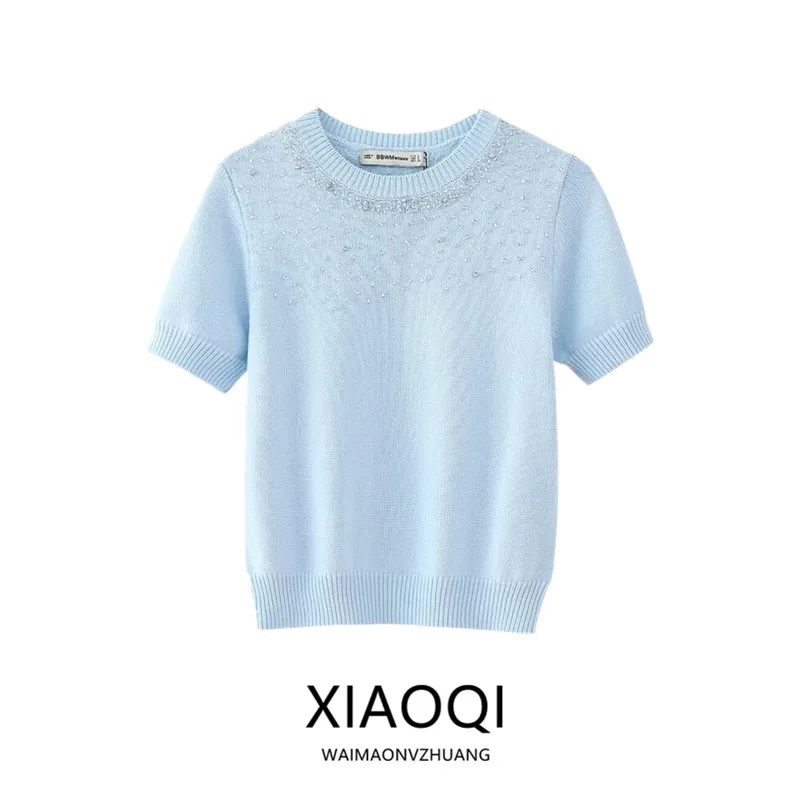 

Новинка лета 2024: Женский вязаный свитер с бисером и стразами, короткий рукав, круглый вырез, А-силуэт, полиэстер