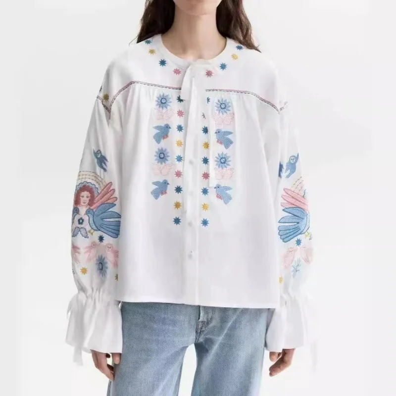 Chemise en Lin Brodée à Col Rond et Manches Lanternes pour Femme, Vêtement Doux, Début d'Automne, Nouvelle Collection 2024