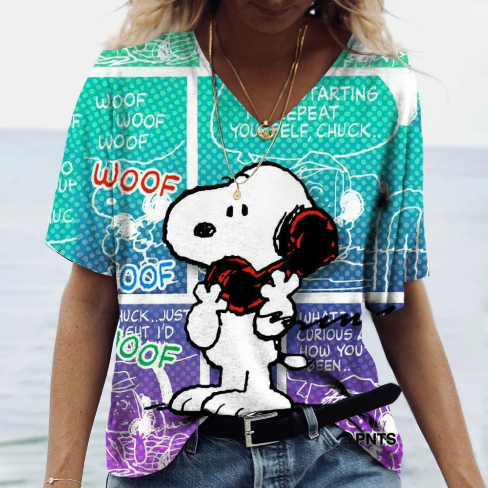 Disney Snoopy Print Women's V-neck T-shirt Elegant Minnie Style Tops Harajuku Summer Tee Shirt Fashion Streetwear Oversize