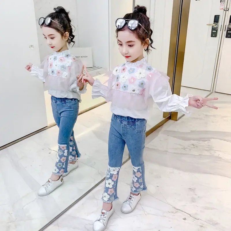 Set di abbigliamento per bambini camicia a maniche lunghe girasole + Jeans 2 pezzi Set di vestiti per ragazze Set da 4 a 13 anni abbigliamento