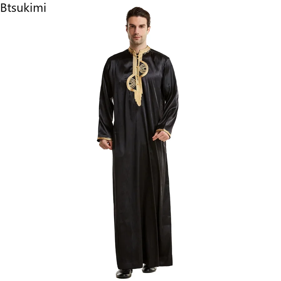 Muzułmańska odzież męska Kaftan Szaty Długie rękawy Stójka Kołnierzyk Eid Thobe Kurta Arabska turecka sukienka Dubaj Islam Habit Etniczny wypoczynek