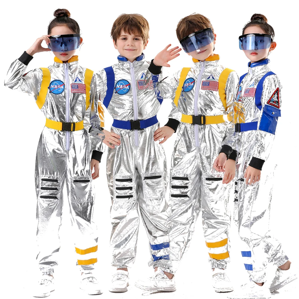 

Kids Silver Astronaut Costume Boys Girls Spaceman Costume Children Space Jumpsuit Halloween Cosplay Party Dress Up