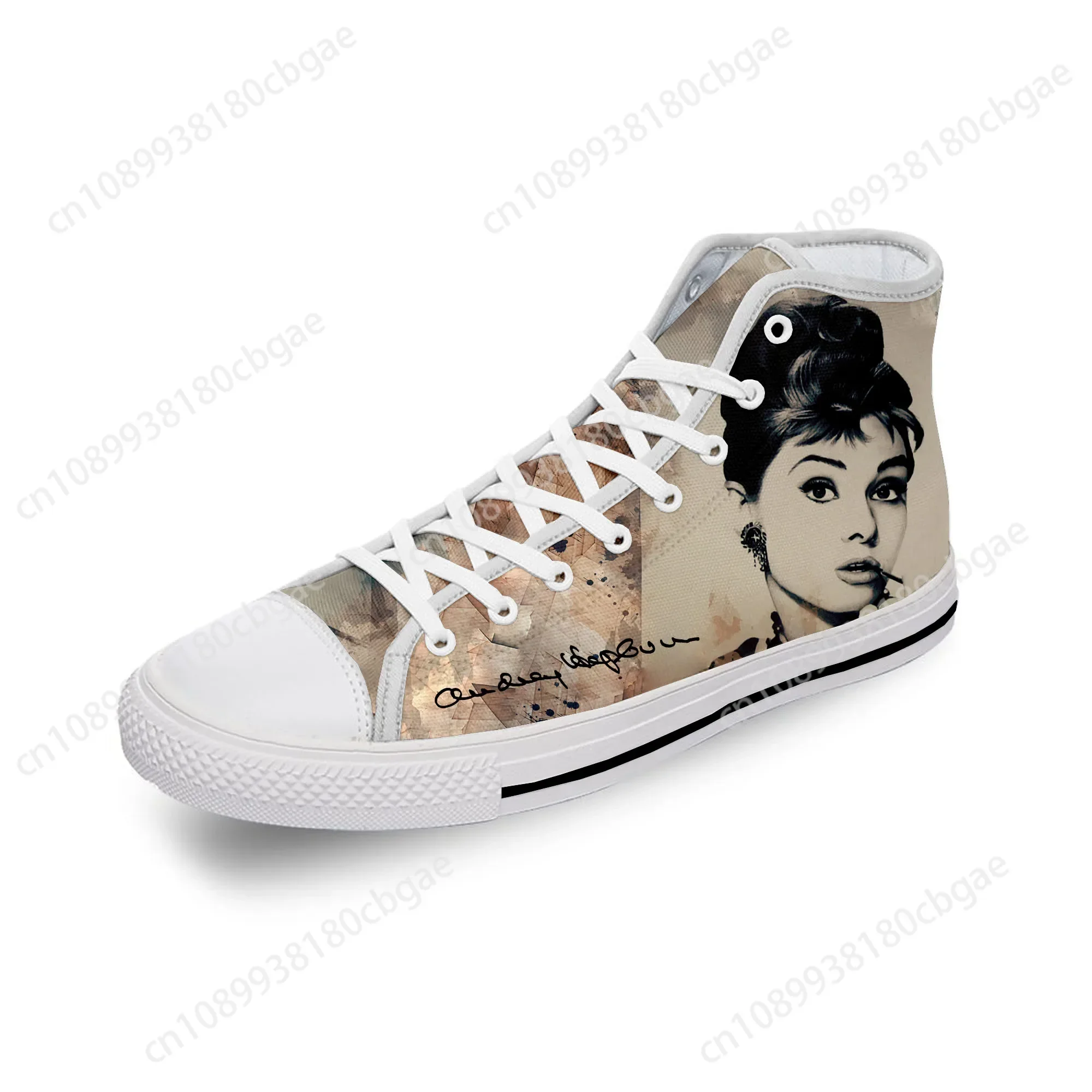 Movie Star Audrey Hepburn Cute White Cloth 3D Print High Top Canvas Fashion Shoes Men Women Lightweight Breathable Sneakers