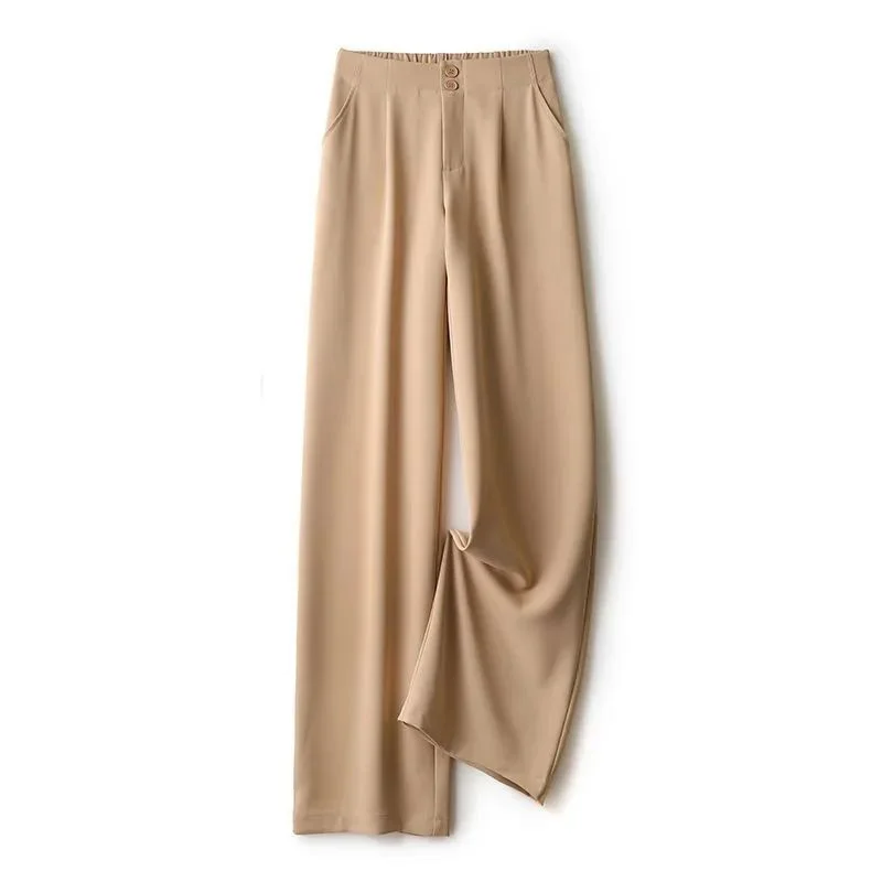 Khaki Solid Casual Button Fly High Waist Loose Wide Leg Women's Pants Korean Fashion Full-Length Pants For Women 2024 Autumn