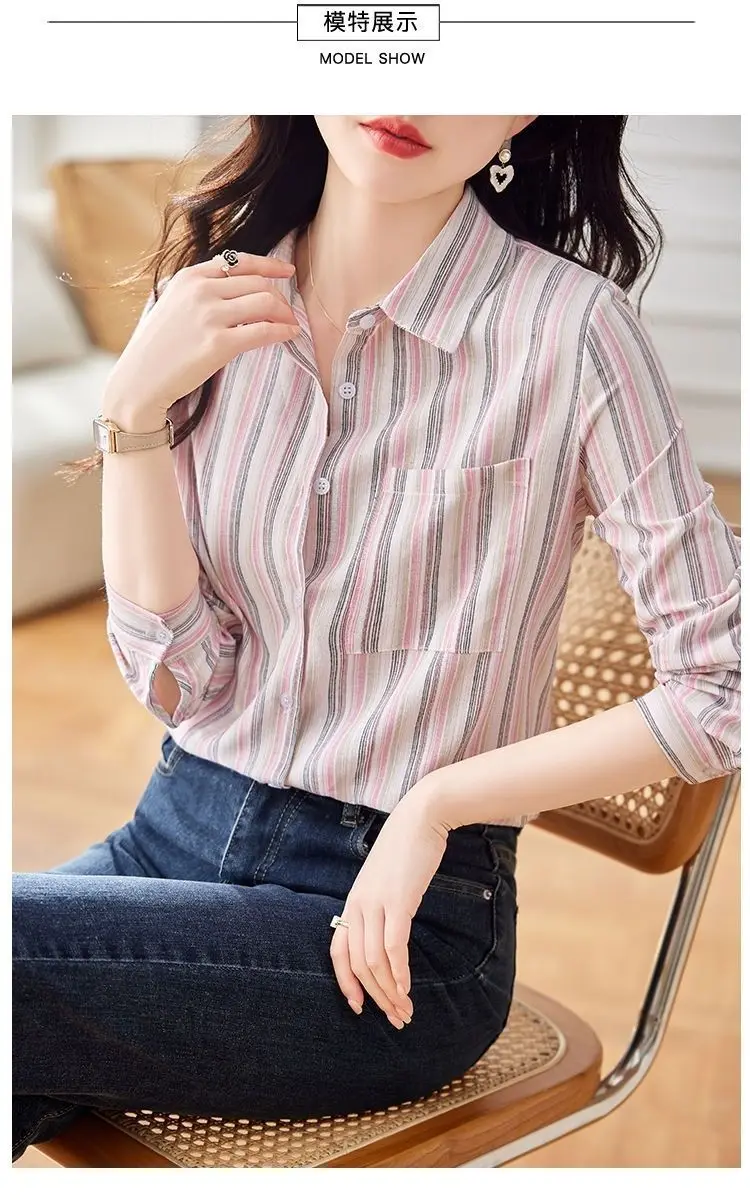 Elegant Vertical Stripe Long Sleeved Shirt Women Collar Shirt Spring Summer Style Elegant Simple Commuting Style Top for Women