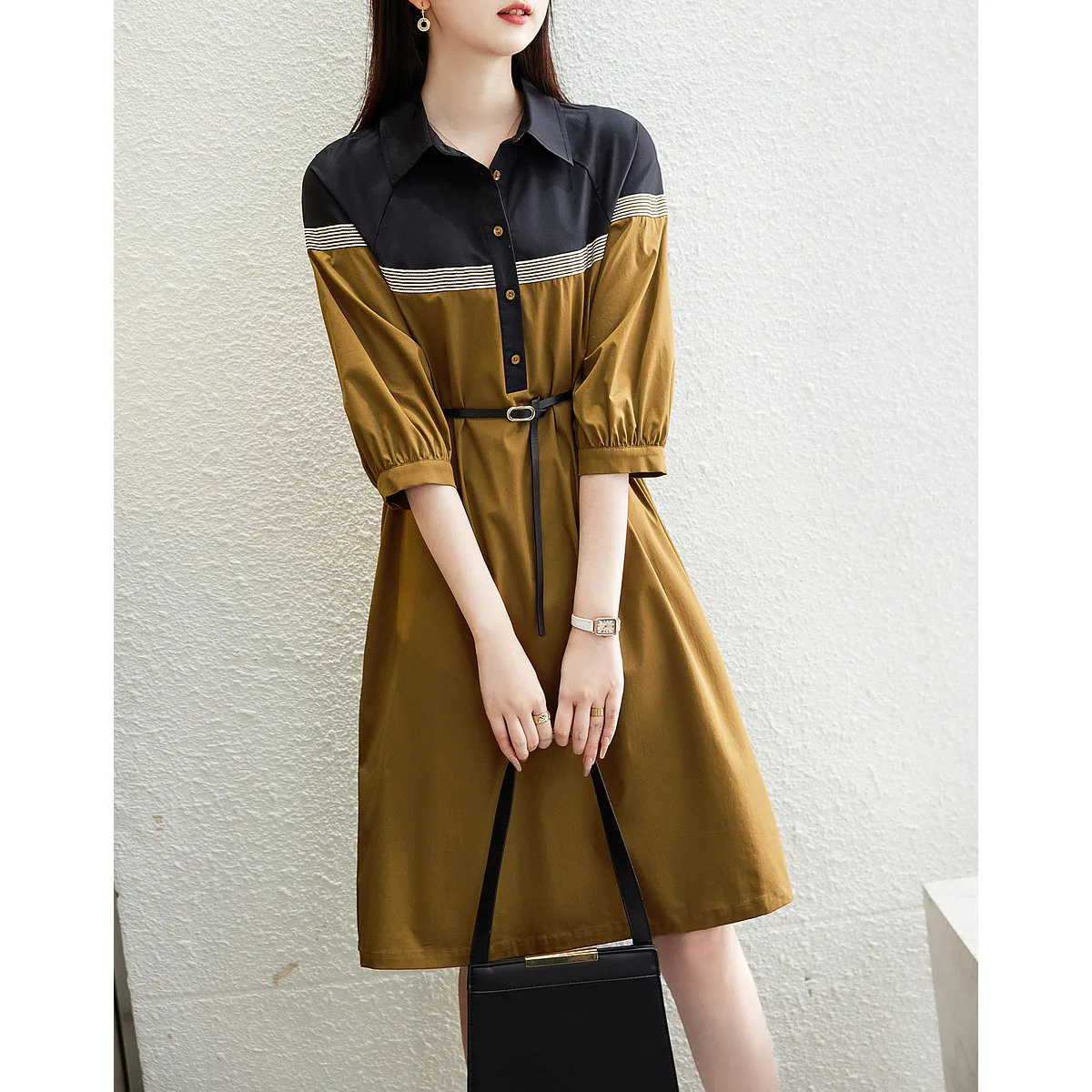 With Belt ! Office Lady Workwear Loose Straight Dresses For Women Fashion Half Sleeve Women's Dress Chic Patchwork Dress SL369