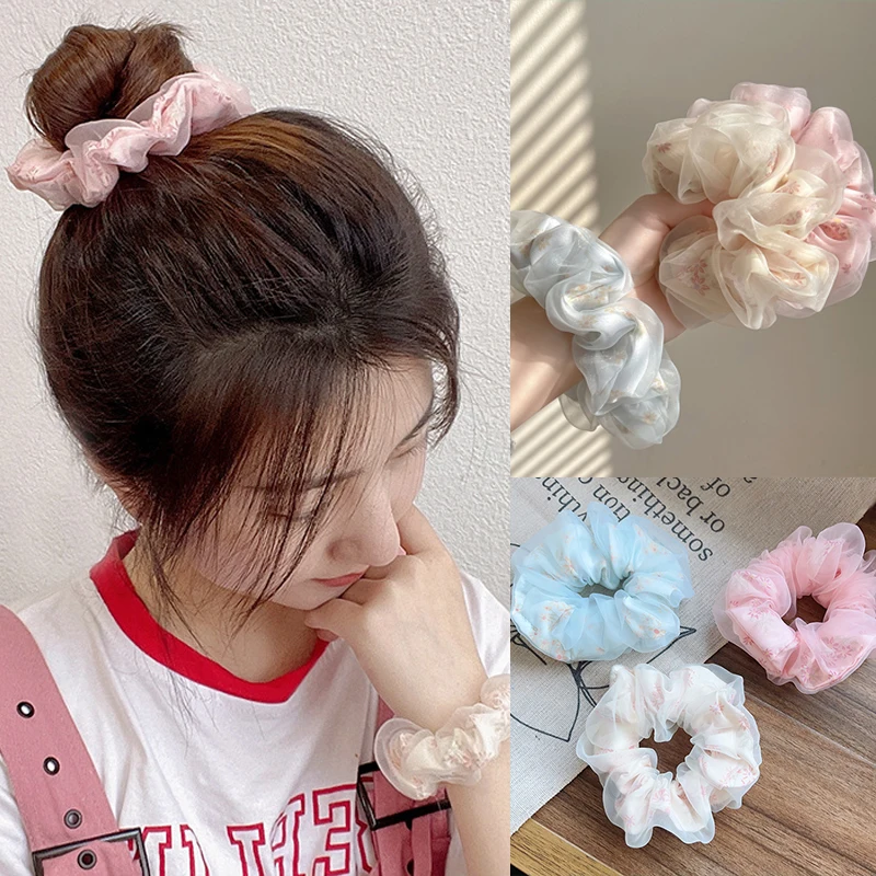 Sweet Double Layer Silk Organza Hair Rope Oversized Floral Hair Scrunchies For Hair Women Mesh Ponytail Holder Elastic Hair Band