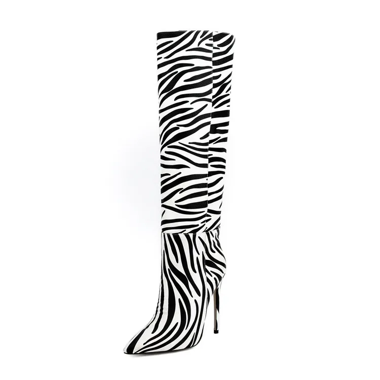 

Custom women's stiletto pointed toe zebra pattern high boots black and white striped large size performance catwalk fashion