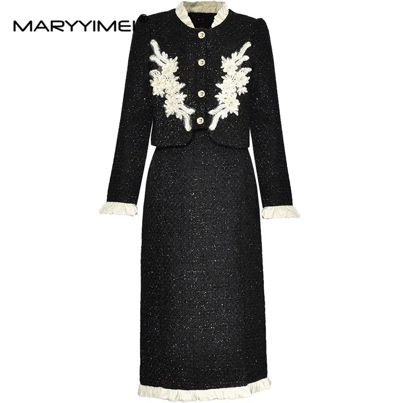 MARYYIMEI Autumn Winter Women's Suit Embroidery Design Single-breasted Tops+Pretty Slim-Fit Hip Wrap skirt Black 2 piece set