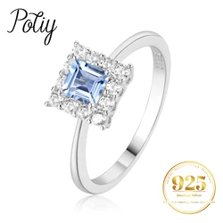Potiy Square Natural Sky Blue Topaz 925 Sterling Silver Luxury Ring for Woman Daily Gemstone Fine Jewelry Birthday Gift