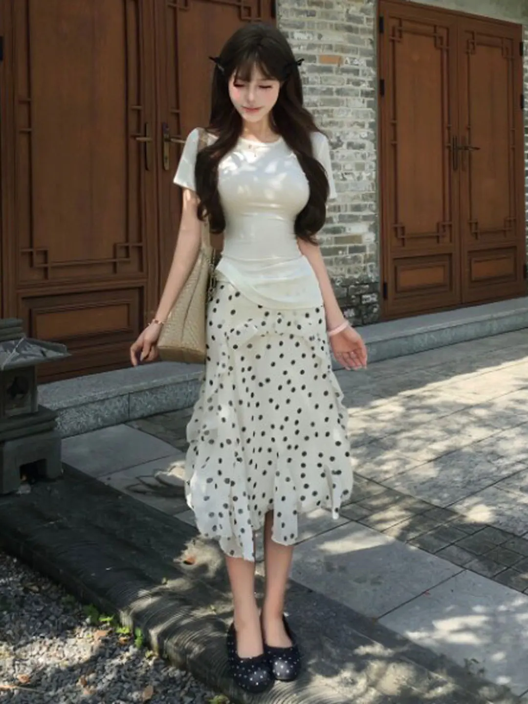 

Gentle Wind Polka Dot Ruffle Hem Two Piece Set Elegant Summer Outfit Comfortable Cotton Material French Style round Neck Shor...