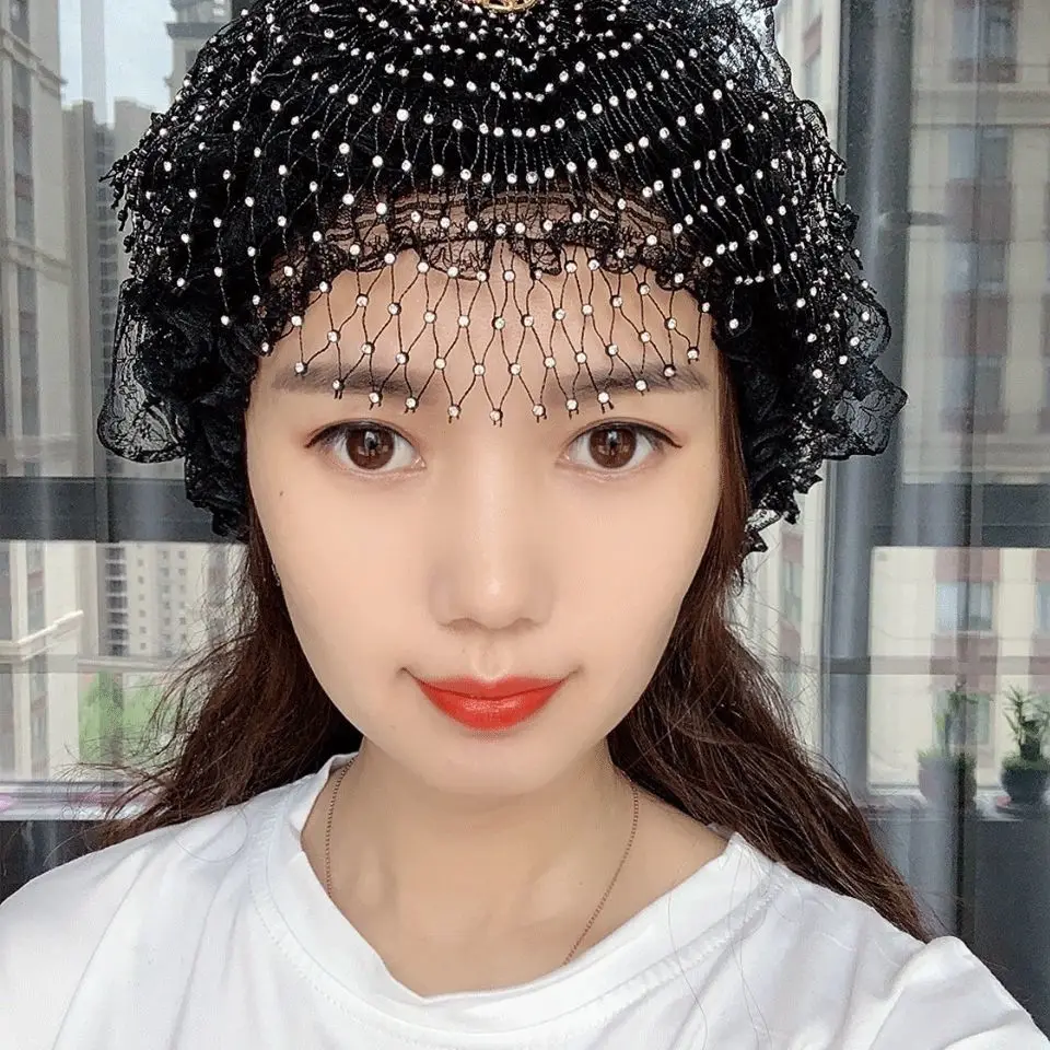 Diamonds Mesh Lace Turban Cap Fashion Women's Head Wraps Muslim Headwear Hat Turbans for Ladies Summer Hats