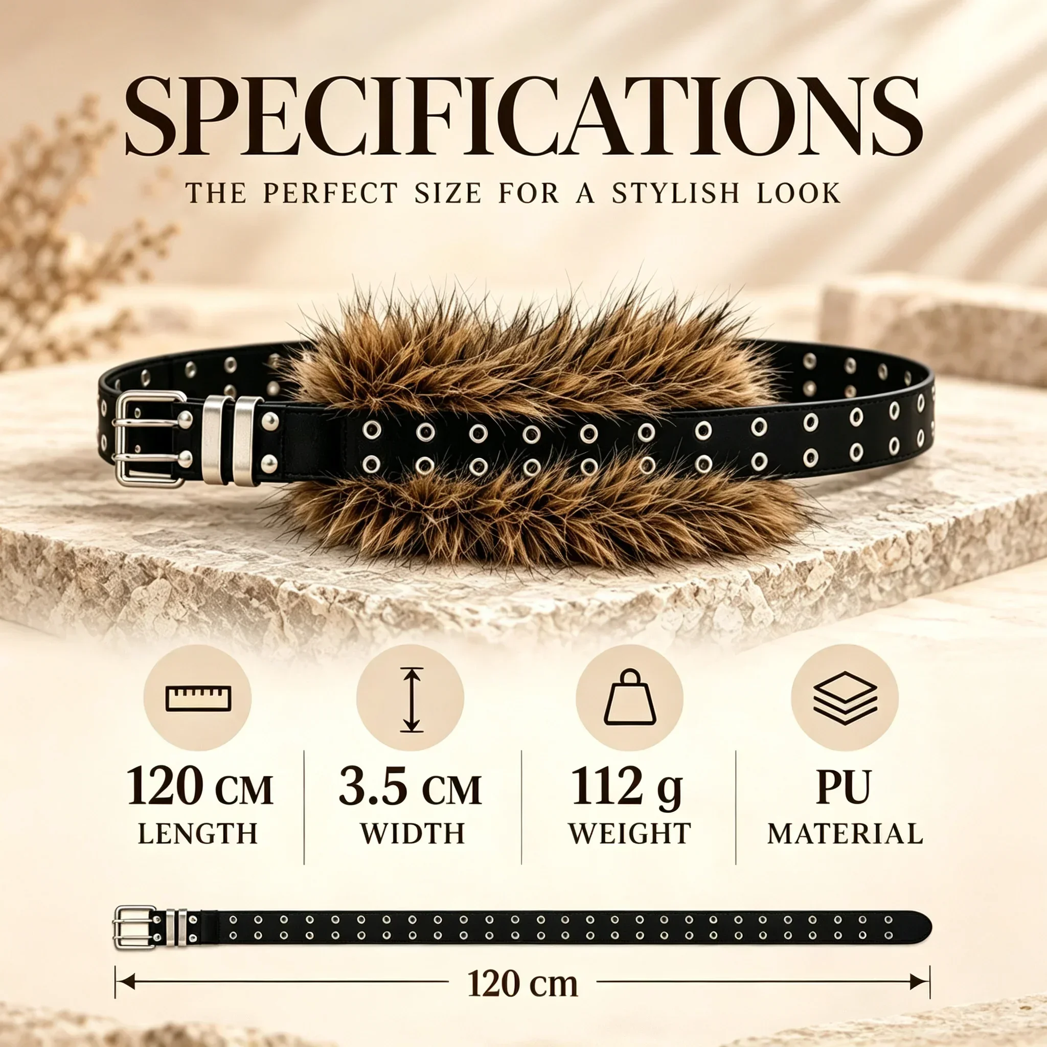 Faux Fur Decor Wide Waist Belt, Double Row Eyelet Punk Leather Belt, Adjustable Waistband For Jeans Dresses Y2K Streetwear