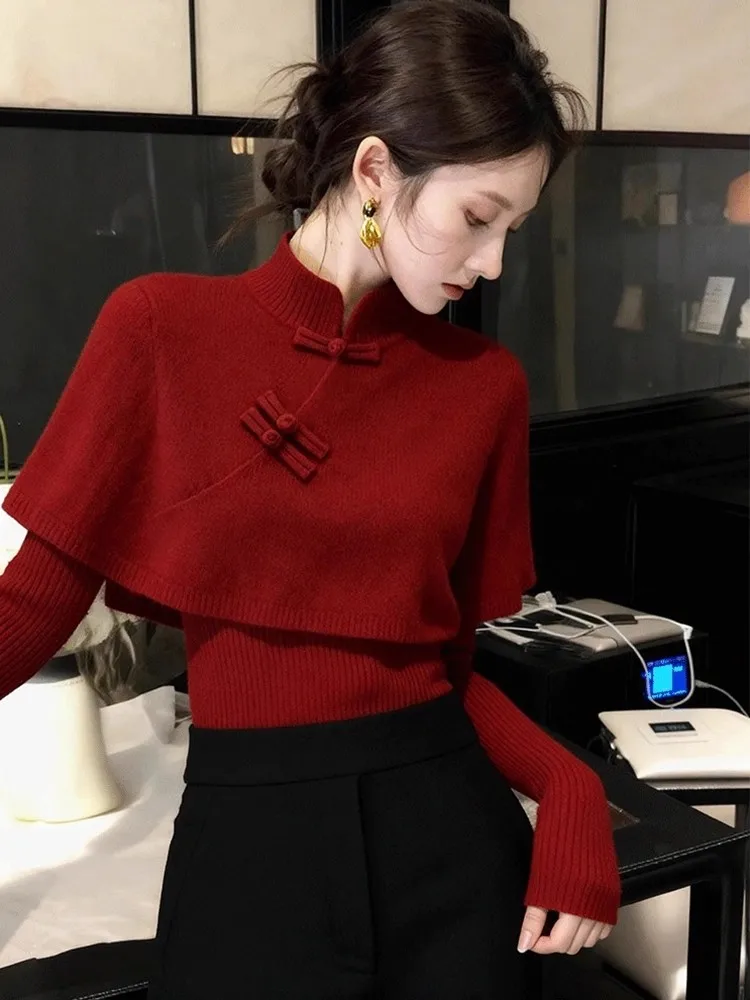 

Красный новогодний китайский вязаный свитер с воротником-стойкой на пуговицах, свободного кроя, из мягкого материала, длинный рукав, для женщин