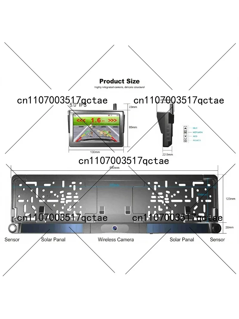 5 inch Solar Wireless Rear View Camera with Ultrasonic Parking Sensors for Car Reversing Aid