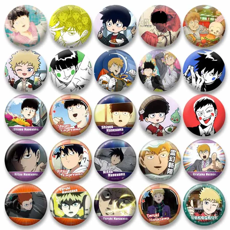 Anime Shigeo Kageyama Arataka Reigen Teruki insignias de Cosplay disfraz Mob Psycho 100 Pin de solapa broche redondo en bolsa sombrero decoración regalos