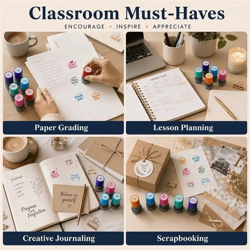 Retail 6Pcs Classroom Teacher Seal Set Great Job Seal With Ink Rubber Seal For Grading Homework And Exams