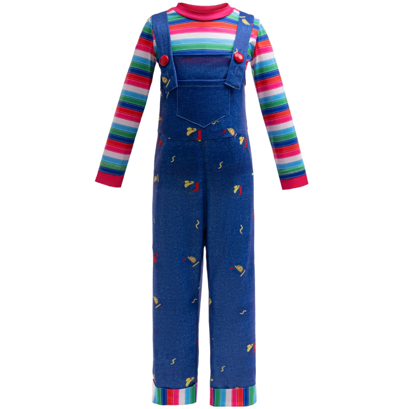 

Horror Movie Ghost Doll Dress Up Costume Sets Kids Rainbow Striped Tops With Overalls For Children Halloween Themed Party Outfit