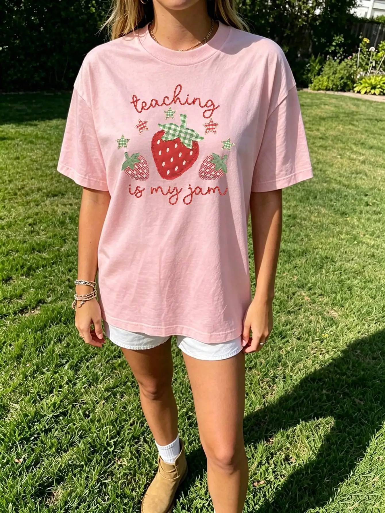 Teaching Letter Print Women T-shirt Kawaii Strawberry Graphic Tops Tees Casual Short Sleeve Shirt Teacher Appreciation Gift