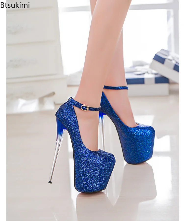 Women Glitter Platform Pump Stiletto High Heel Round Toe Ankle Strap Buckle Dress Shoes Nightclub Party Wedding Evening Footwear view 6