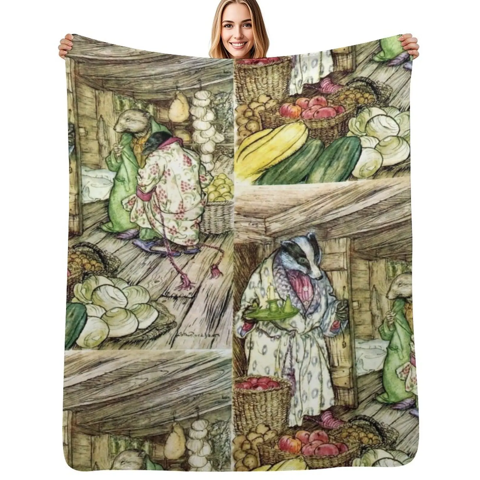 

Badger's Winter Stores - Arthur Rackham for The Wind in the Willows Throw Blanket Warm Cozy Throw Blanket for Living Room Couch