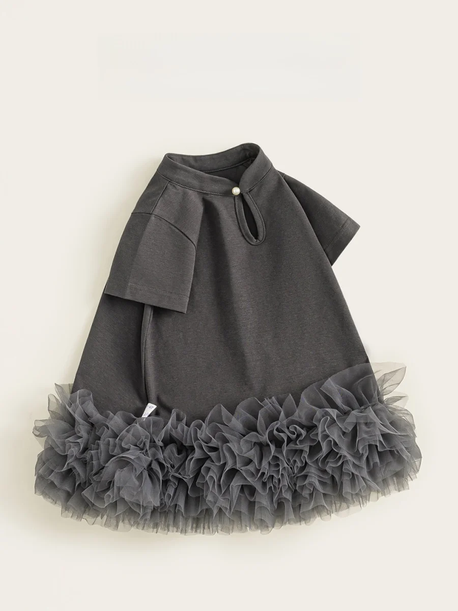 夏デザイン半袖ガールズドレス子供用スタンドカラーtシャツスカートメッシュドレスケーキスカートおしゃれな柔らかい素材カジュアル