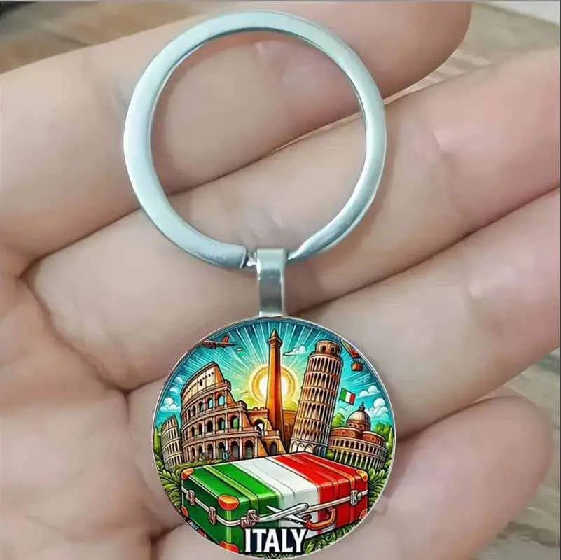 piece vintage Roman Italian keychain, Italian travel ancient architectural design, travel souvenir with Italian flag, birthday
