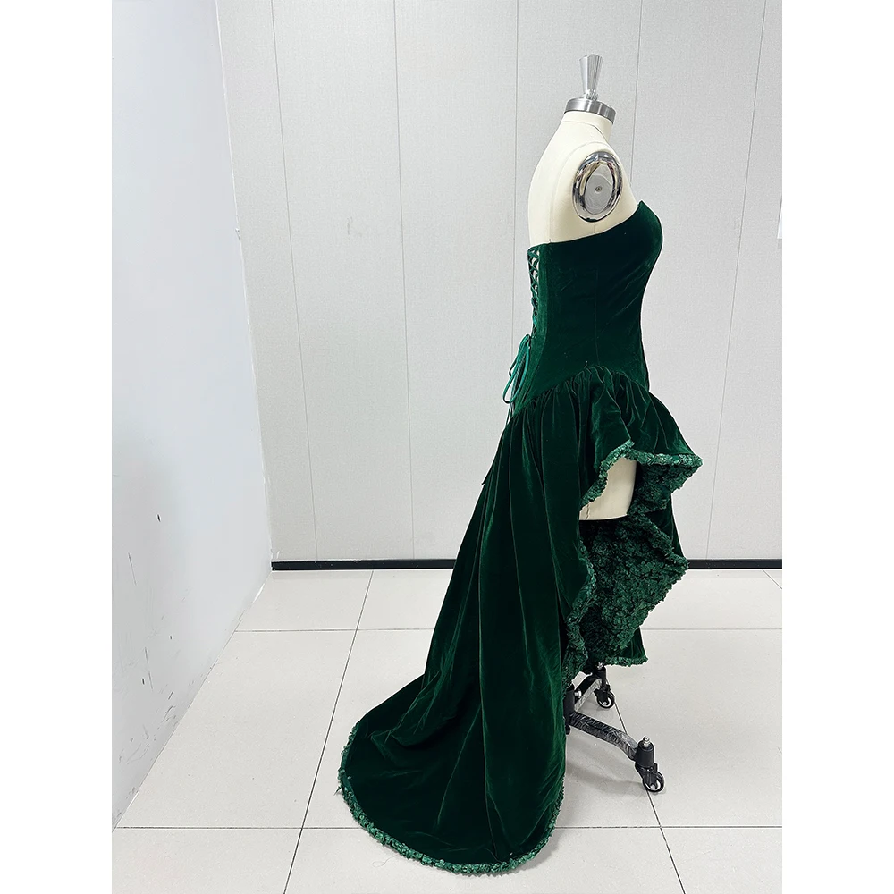 Graciosa verde veludo vestidos de noite querida alta/baixa rendas até plissado trem varredura vestido de baile elegante vestidos femininos 2025