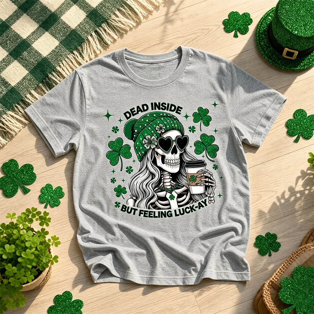 Unisex Gothic Day of the Dead T-Shirt Short Sleeve Breathable Parent-Child Tee with Shamrock Skull Clover Designed Festival Top