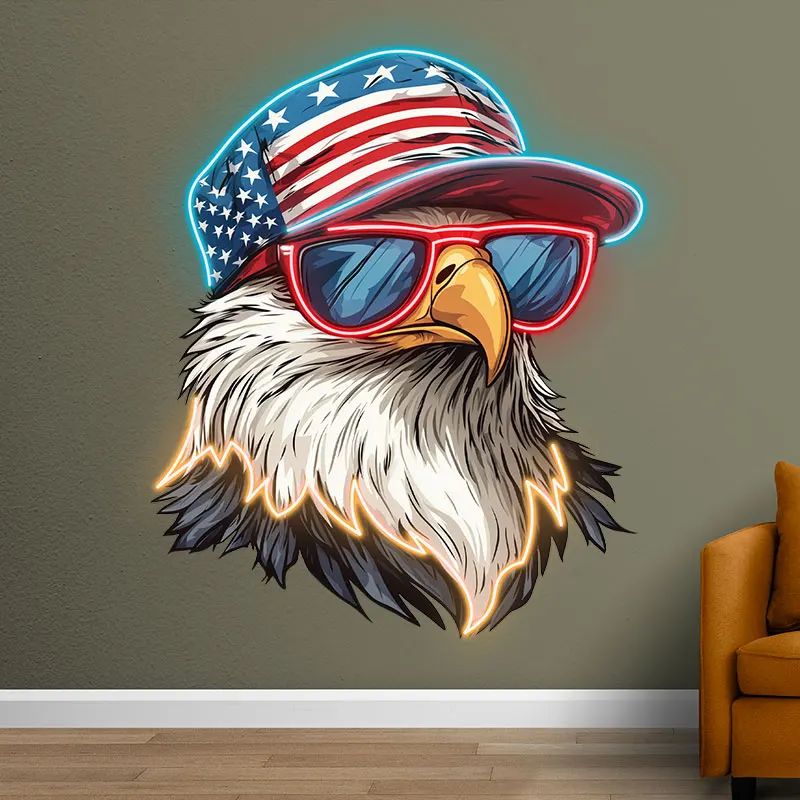 Patriotic Eagle Neon Light, LED Wall Decor with USA Flag Hat & Sunglasses, Perfect for Independence Day, Garage & Man Cave Decor