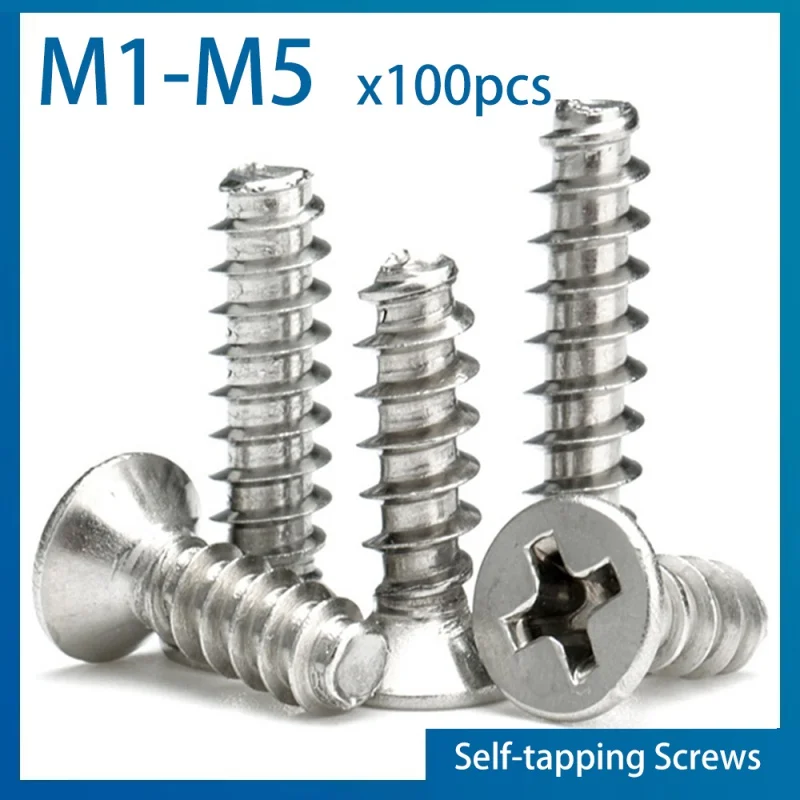 100pcs/ lot Cross Recessed Countersunk Head Self-tapping Screws Nickel Plated Carbon Steel M1 M2 M2.6 M3 M4 Flat Phillips Screw