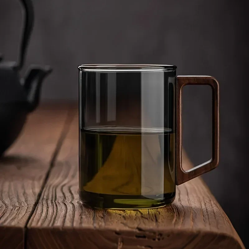 400ml Glass Cups with Walnut Handle Household Heat-resistant Mug Large Capacity Tea Making Cup Office Drinking Glasses