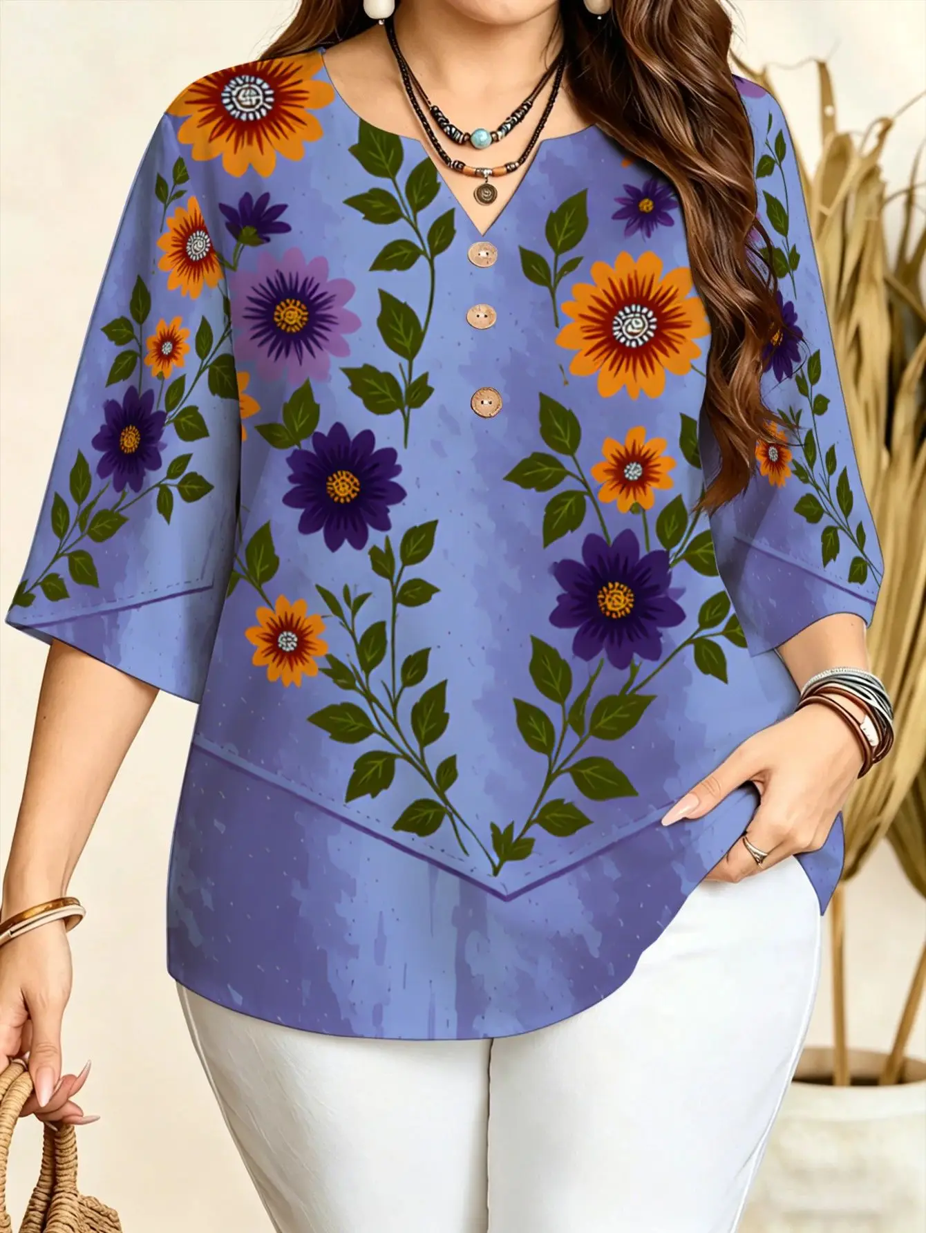 Boho Daisy Tribal Ethnic Ink Floral Print Women Blouse Notch V Neck 3/4 Sleeve Casual Office Tops 5 Patterns Available