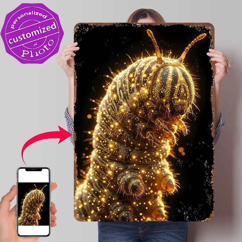 Glowing Caterpillar on Black Background Poster Retro 3D Printed Metal Signs Customized Wall Hanging Gift for Room Decorations