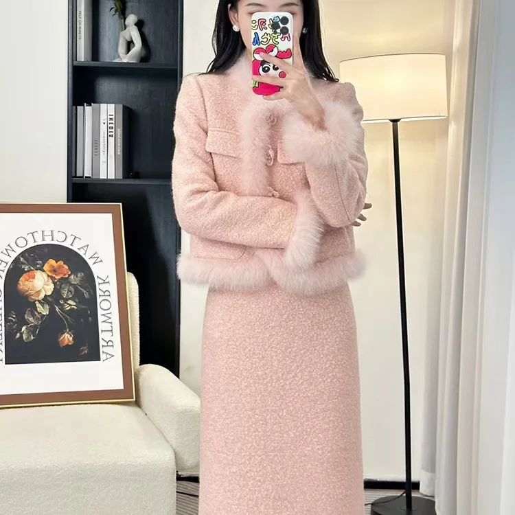 Thickened Classic Style Short Fox Fur Coat Set, Padded for Warmth, Autumn/Winter Women Female Office Lady Clothing High Quality