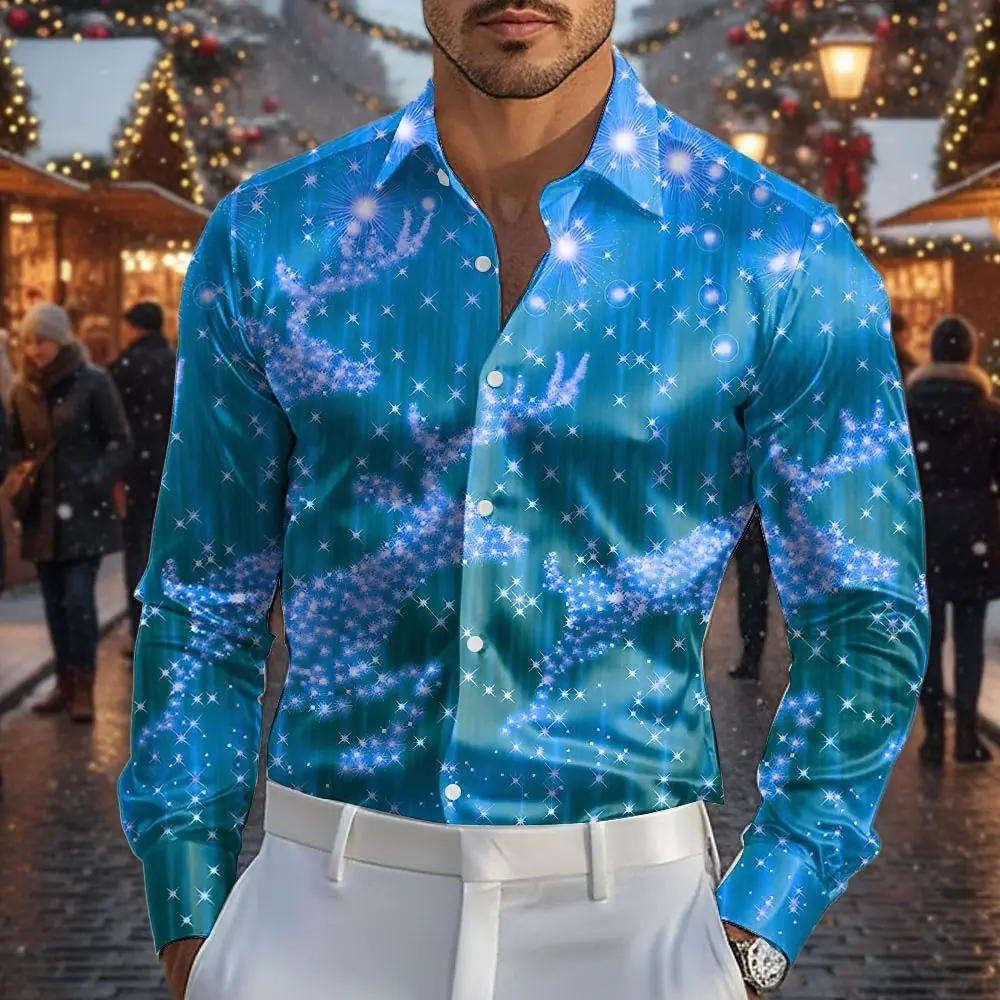 2026 Christmas Men's Reindeer Christmas Light Shirt Dress Shirt Long Sleeve Fashion Casual Outdoor Party Holiday Spring Fall