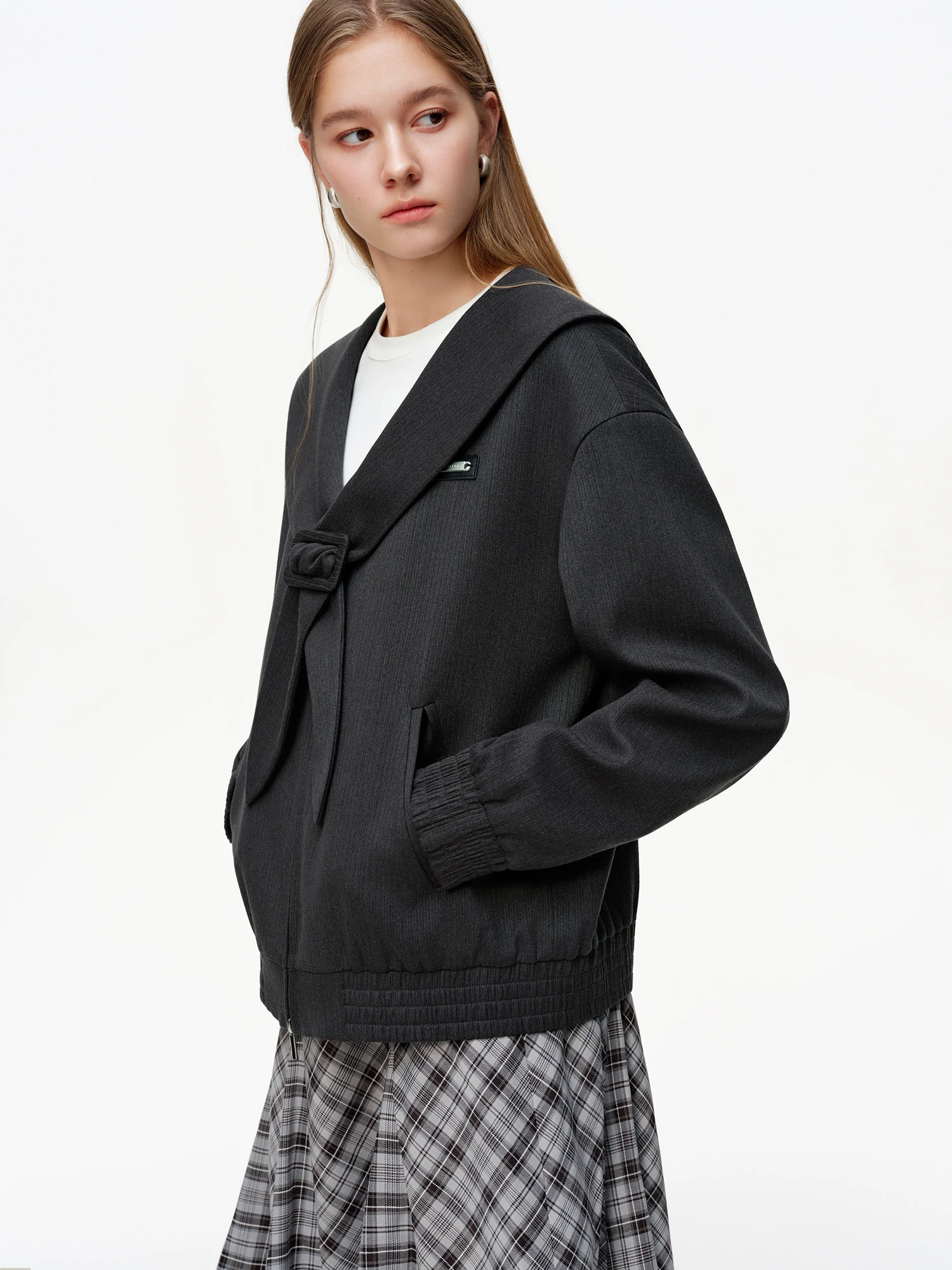 DUSHU Women's Nautical Collar Drop Shoulder Jacket 2026 Spring Oversized Slim Outerwear Zipper Coats Age-reducing Japanese Style