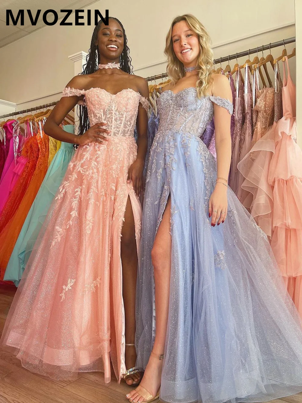 Prom Dress for Black Girl Youthful Off The Shoulder A-Line Split Tulle Lace Party Dresses Evening Dress 2023