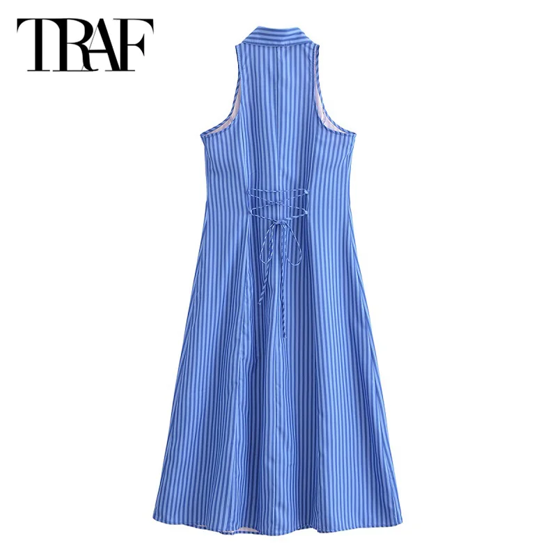 TRAF-vestido midi listrado azul longo para mulheres, vestido casual feminino de escritório, elegante moda festa, verão, 2022