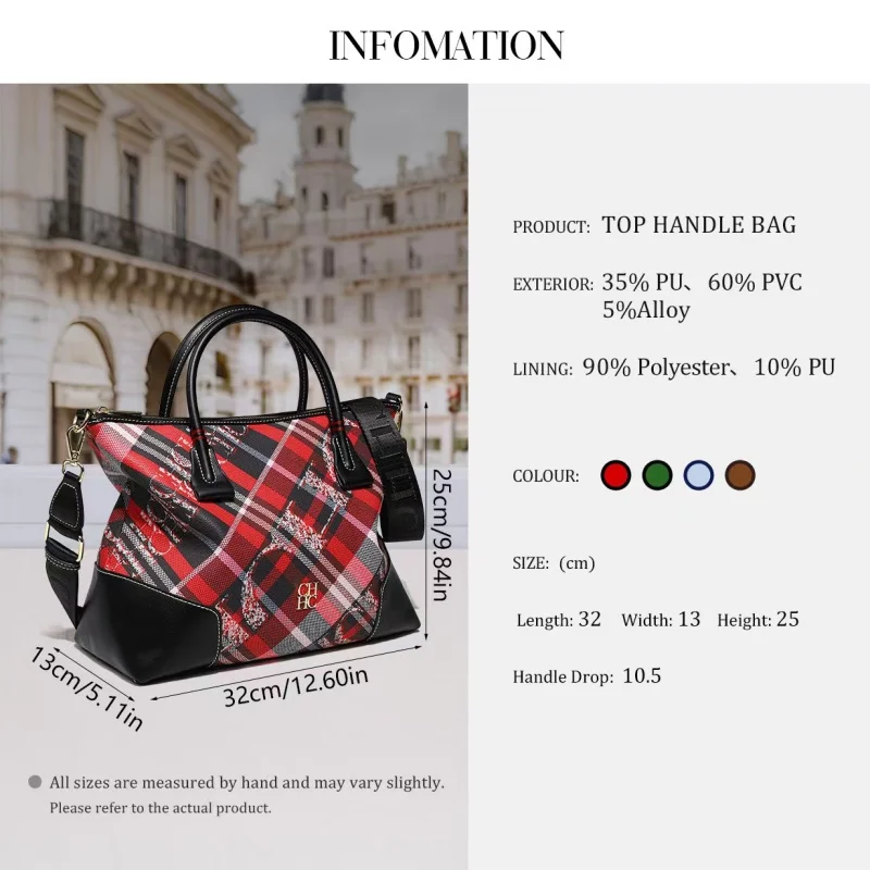 CH Luxury Plaid Women's Tote Bag Large Capacity Handbag with Gold Hardware Detachable Shoulder Strap Casual Crossbody Purse view 5