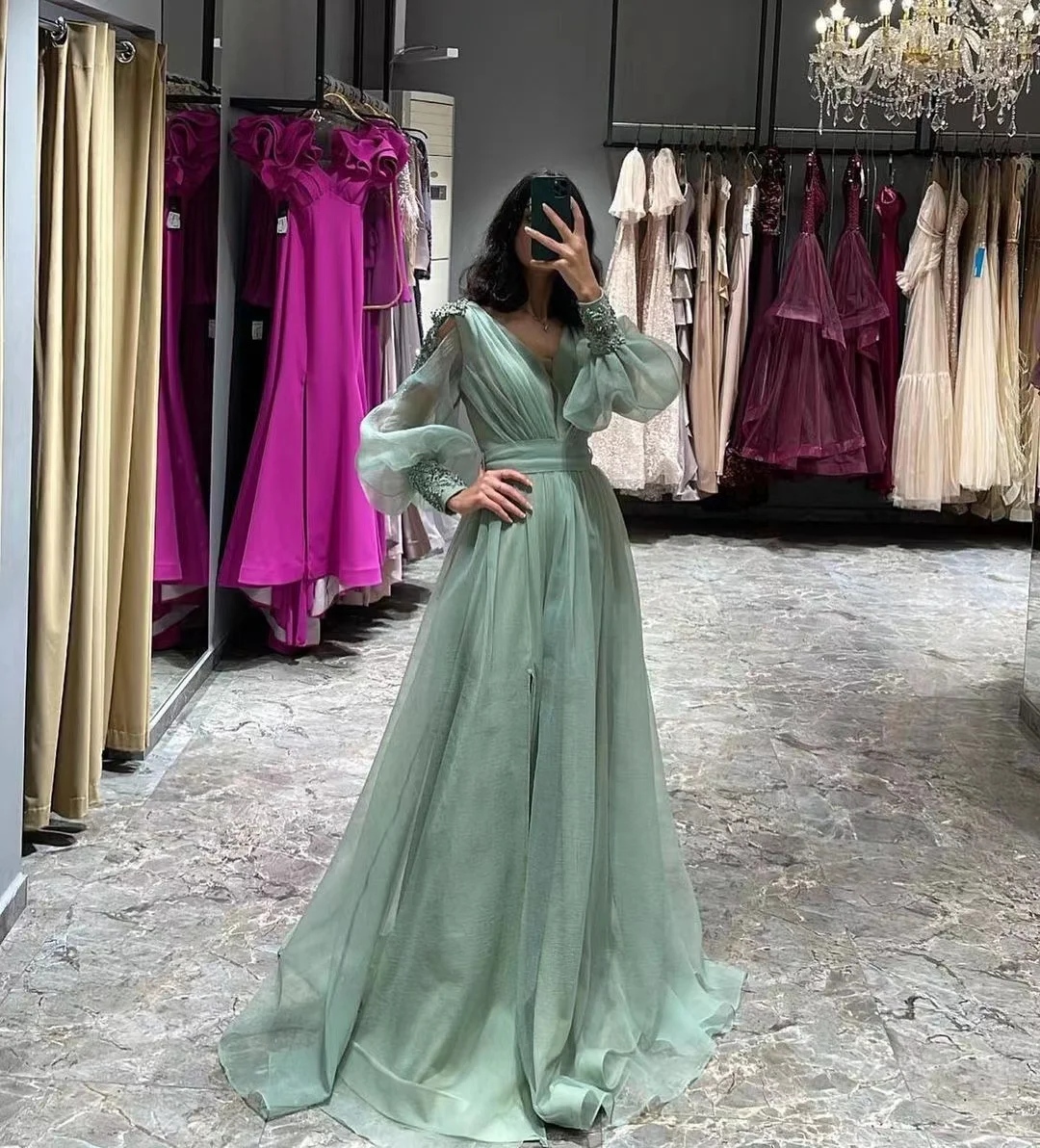 

AsaNagi Mint Green Prom Dresses Floor Length V Neck Beads Full Sleeves Women Elegant Dress Saudi Arabic Ball Gown 2023