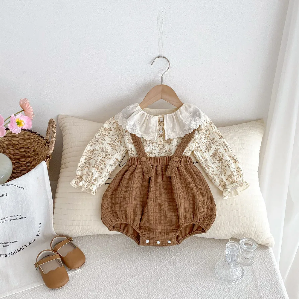 Long Sleeve Flower Shirt+Suspender Shorts 2PCS Outfits Clothes Baby Girl Clothing Set 0-2Years Cute Newborn Princess