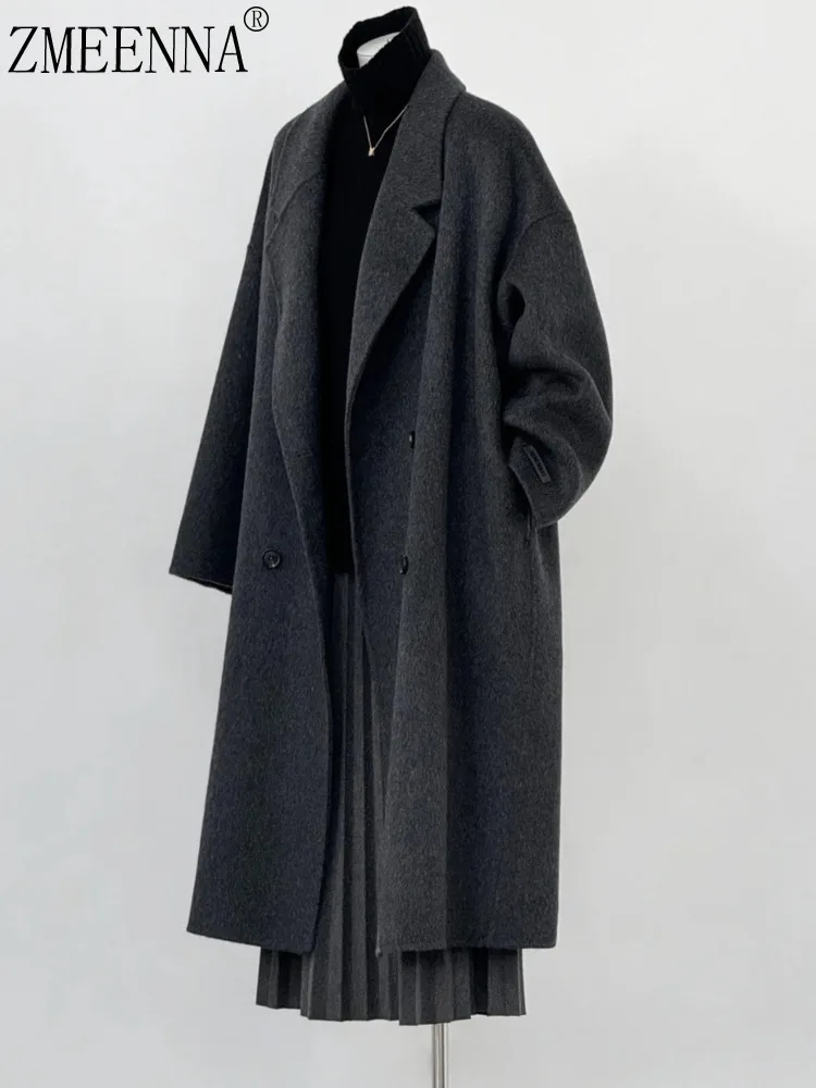 

ZMEENNA Women's Chic Charcoal Grey Wool Blend Long Coat Loose Fit Notched Lapel Winter Outerwear Elegant Warm Overcoat ZM3349