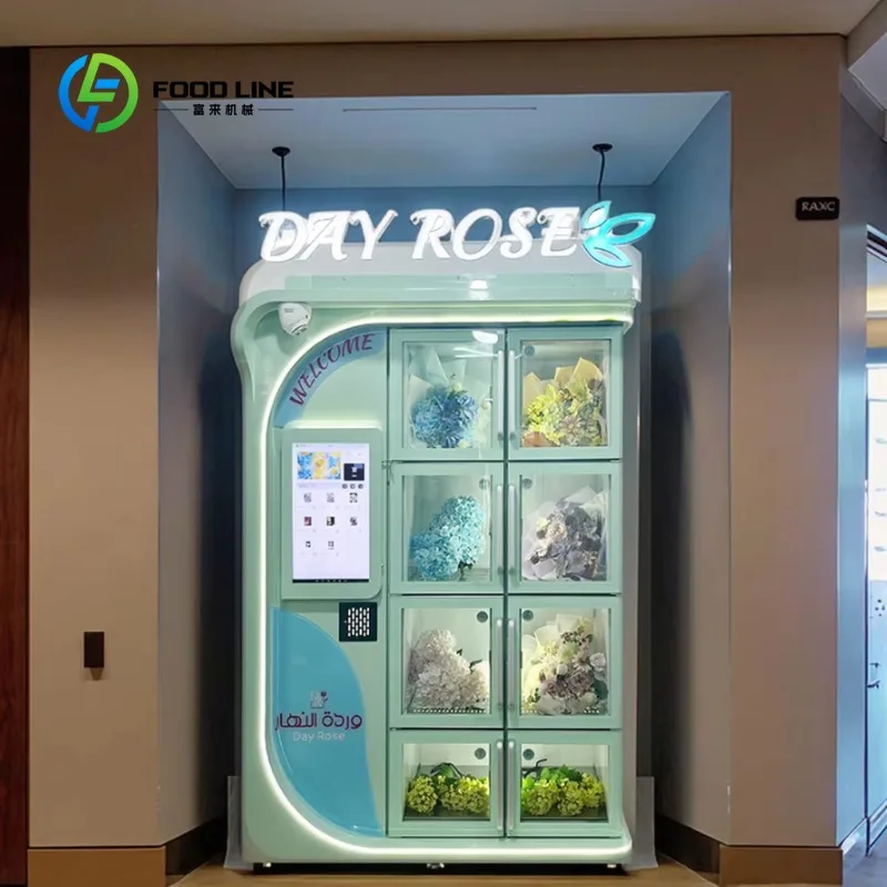 floral locker kiosk touch‑screen operated fresh‑bouquet self‑service dispenser equipped with integrated card reader module