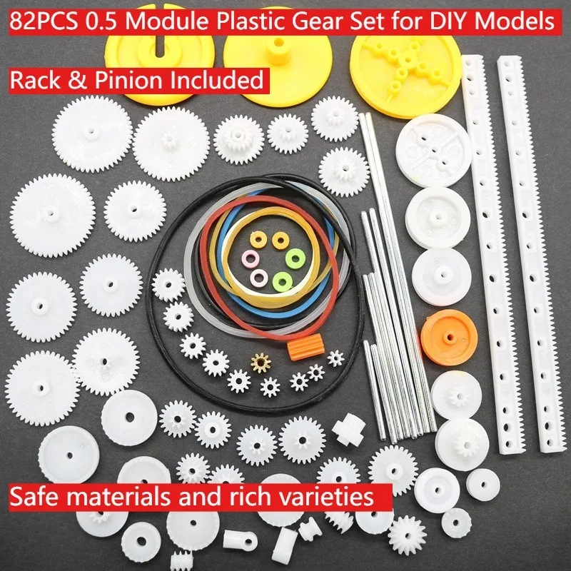 DIY 0.5 Module Gear Set, 82PCS Plastic Rack & Worm Gearbox Kit for Models
