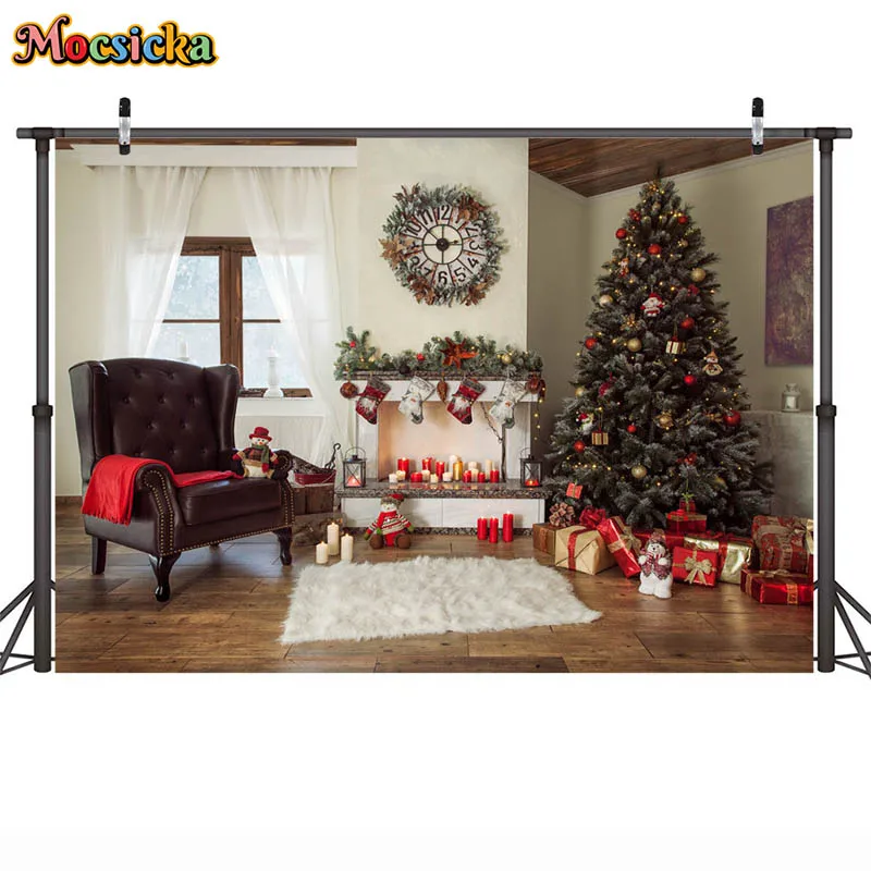 Fondo de fotografía con escena de Navidad para sala de estar, alfombra con sillas, árbol de Navidad, chimenea, Cajas de Regalo, decoración de fiesta