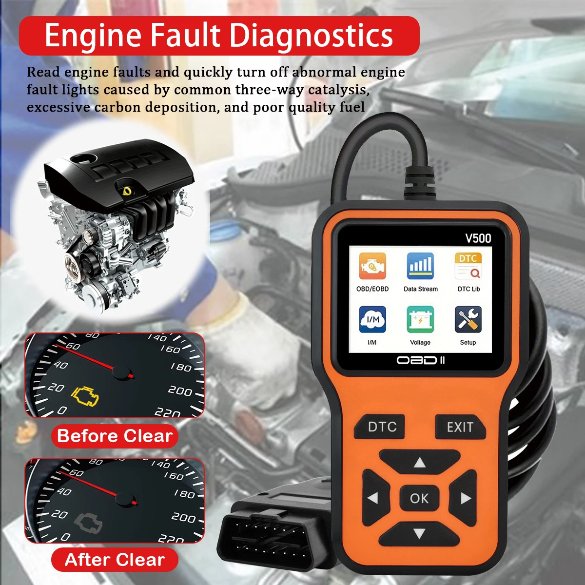 سيارة obd2 الماسح الضوئي أداة تشخيص قارئ رمز ، سيارة جهاز قياس الجهد الكهربائي محرك خطأ رمز الماسح الضوئي ، شحن تستر أداة تشخيصية V500