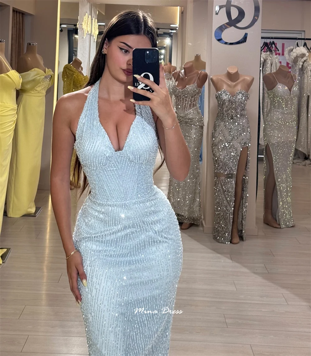 

Mina Customized Light Green Elegant Cocktail Dresses for Special Occasions Beads Sequins. V-neck Women's Evening Dress Party