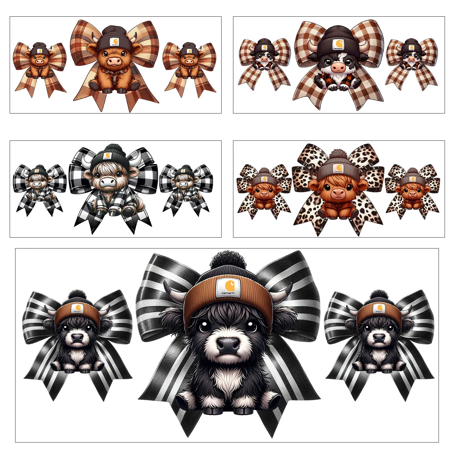 

1/5 sheets Cute Bow highland cattle easy peel waterproof DIY Decals 3D transfers uvdtf crystal stickers 16oz uv dtf cup wraps