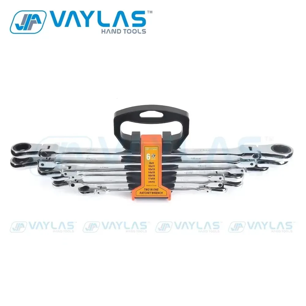 

Набор торцевых ключей с двойной коробкой из 6 предметов. Набор удлиненных ключей с храповым механизмом с гибкой головкой. Метрическая сталь CR-V 8-19 мм со стойкой для хранения.